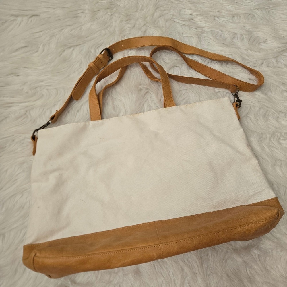 Hearth & Hand Magnolia Canvas Tote Bag Tan Leather Trim Crossbody Cream